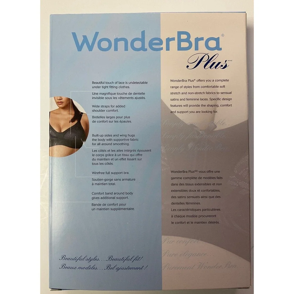 NWT Women's WonderBra Plus W1985 Back & Side Smoothing Wirefree Bra 46DD Black‎